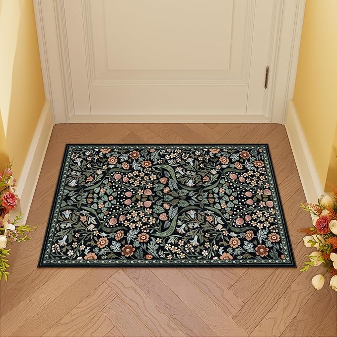 Moynesa Floral 2x3 Entryway Rug, Washable Kitchen Rugs Non Slip Front Door Mat for Indoor Entrance, Boho Ultra Thin Small Rug Soft Botanical Throw Carpet for Bathroom Bedroom, Black