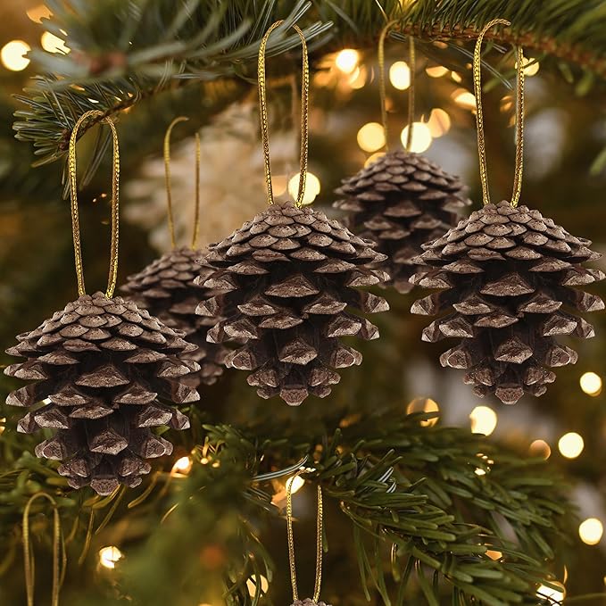 24 PCS Natural Pine Cones, 1.96 in Pinecone Ornaments, Rustic Pine Cones for Crafts, Winter Decorations for Home, Bulk Pines Cone with Gold String for Christmas Table Decor DIY Christmas Ornaments