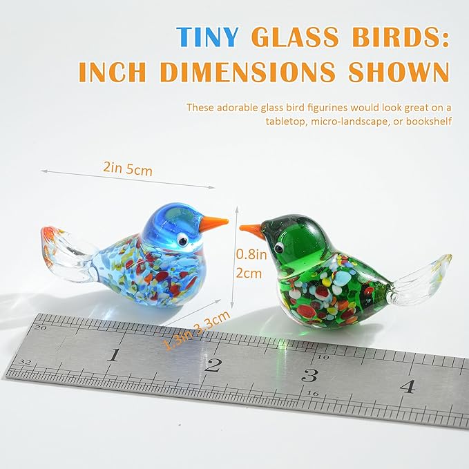 HDCRYSTALGIFTS 6pcs Hand Blown Glass Bird Figurines 1.9'' Mini Animal Statues Decorative Miniature Birds Collectibles for Home Table Decor Unique Birthday for Mom Women