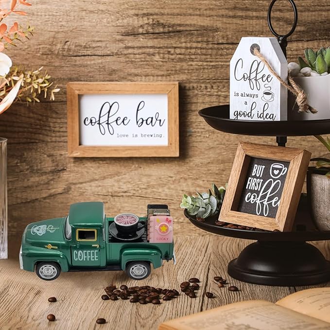 Coffee Bar Decor Vintage Mini Metal Pickup Truck Decorations with Book Accessories for Coffee Station, Farmhouse Tiered Tray Table Decorations for Home Kitchen, Office, Cafe