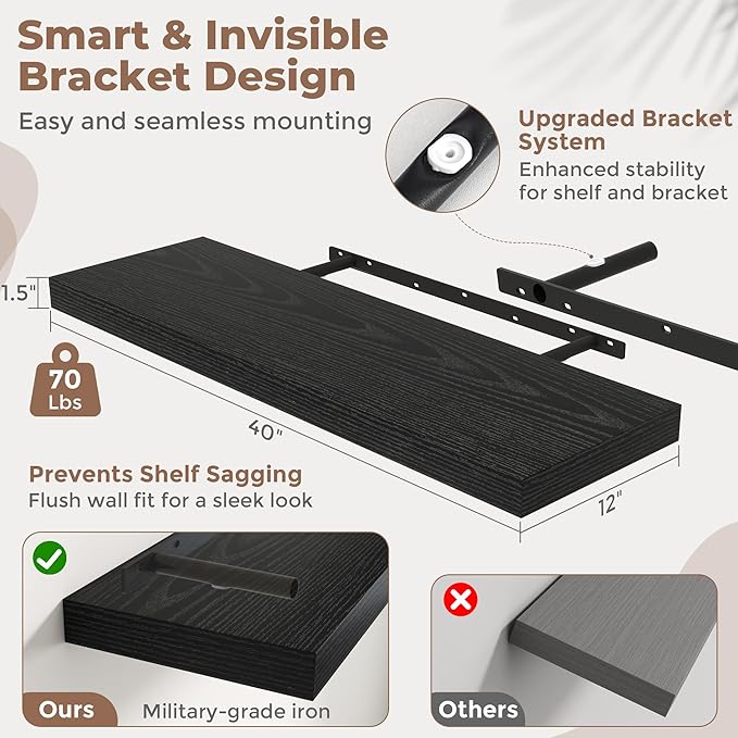 40 Inch Long Floating Shelves for Wall Set of 2, 12"D Wood Grain Bathroom Shelves with Invisible Brackets, Easy Install Engineered Wood Storage Shelves for Kitchen, Living Room, Bedroom, Black Finish