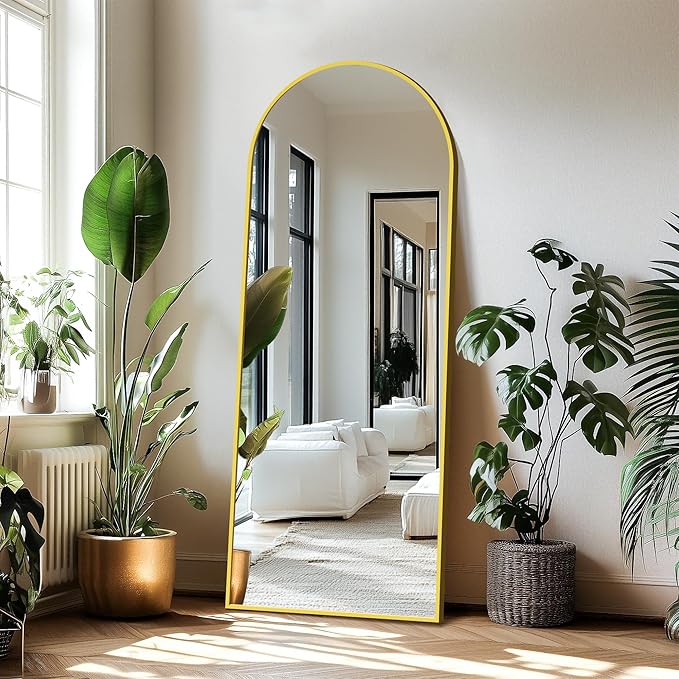 Delma Wall Mirror Full Length, Standing Floor Mirror for Bedroom Bathroom Living Room with Aluminium Frame (with Stand, Arch 69x24-Gold)