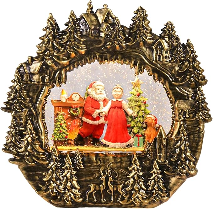 Christmas Snow Globe Lantern Water Glittering Lantern with Santa Claus 8 Music Songs & 6H Timer Christmas Snow Globes USB & Battery Operated for Christmas Festival Decorations Gifts (Bridge-Santa)