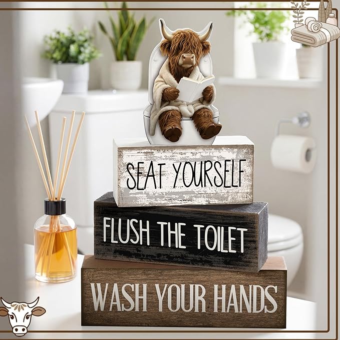 Moucuny 4 Pcs Highland Cow Bathroom Decor Set Funny Rustic Wooden Tiered Tray Signs with Highland Cow Toilet Figurine, Farmhouse Bathroom Shelf Decor, Etiquette Reminders for Restroom Toilet Vanity