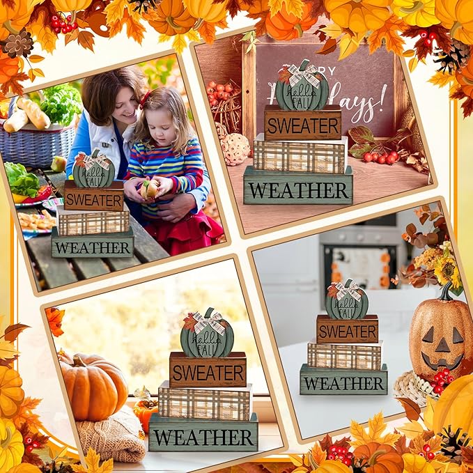 Moucuny 4 Pcs Thanksgiving Pumpkin Decor Fall Decorations for Home Thanksgiving Table Centerpiece Pumpkin Tiered Tray Decor Rustic Decorative Block Signs Farmhouse for Harvest Party Table Kitchen Home