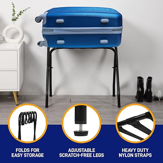Lifemaster Metal Luggage Rack - Pack of 2 Foldable, Easy Assembly, Space Saving, and Stylish Steel Frame Guest Suitcase Stands with Nylon Straps - Black