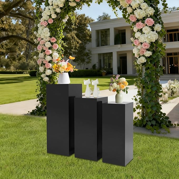 3 PCS Display Pedestal Stand, Metal Display Pedestal Stands Decoration Cube Sculpture Displays Column Square Displays Stands Pillars for Wedding Party Baby Shower Birthday (Black, 3PCS)