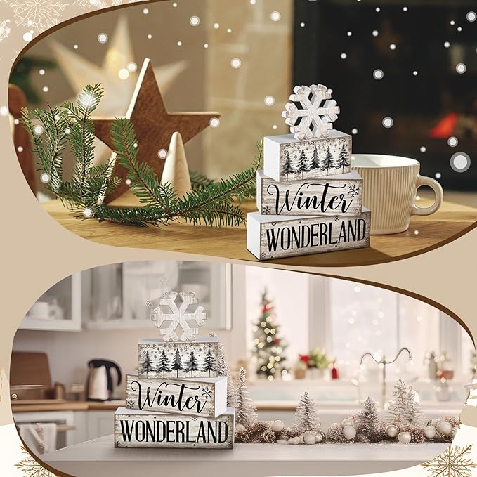 Lineshading 4 Pcs Winter Table Decorations Wooden Snowflake Decor Winter Tiered Tray Decor Rustic Snow Block Signs Gift Farmhouse Christmas Centerpiece for Wonderland Party Kitchen Home