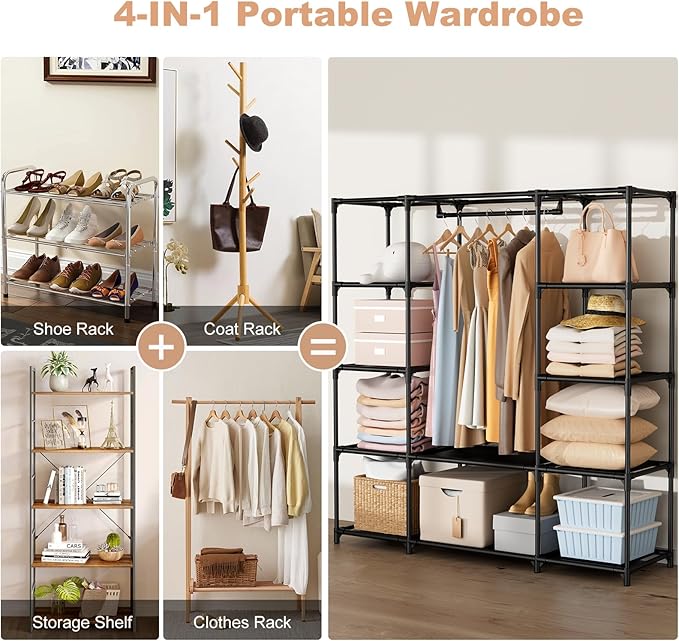 Portable Closet for Hanging Clothes 57.3 Inch Large Capacity Wardrobe Closet with Cover, 8 Pockets and 1 Hanging Rod, Easy Assembly Closet Organizer for Bedroom, Black