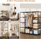 Portable Closet for Hanging Clothes 57.3 Inch Large Capacity Wardrobe Closet with Cover, 8 Pockets and 1 Hanging Rod, Easy Assembly Closet Organizer for Bedroom, Black