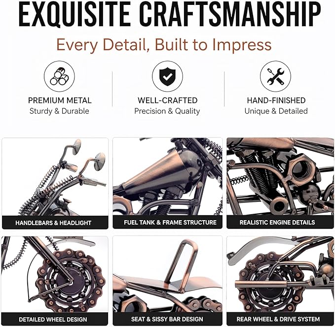 Motorcycle Gifts for Men Women, 11.8" Metal Motorcycle Sculpture, Fathers Day Birthday Gift for Dad Husband Biker Enthusiasts, Industrial Man Cave Home Garage Office Decor