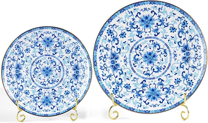 Decorative Plates Set for Display, Blue and White Ceramic Plate Decor with Stand, Handmade Vintage Porcelain Ornament for Table, Living Room, Kitchen, Perfect Chinese Style Dish Gift (8in+10in)
