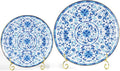 Decorative Plates Set for Display, Blue and White Ceramic Plate Decor with Stand, Handmade Vintage Porcelain Ornament for Table, Living Room, Kitchen, Perfect Chinese Style Dish Gift (8in+10in)