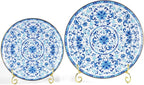 Decorative Plates Set for Display, Blue and White Ceramic Plate Decor with Stand, Handmade Vintage Porcelain Ornament for Table, Living Room, Kitchen, Perfect Chinese Style Dish Gift (8in+10in)