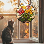 Stained Glass Window Hanging, Yellow Red Flowers Sun Catcher for Window Door Home Decor Green Plant Suncatcher Christmas Mother's Day Birthday Gifts for Women Men Mom and Nana 6.3 in