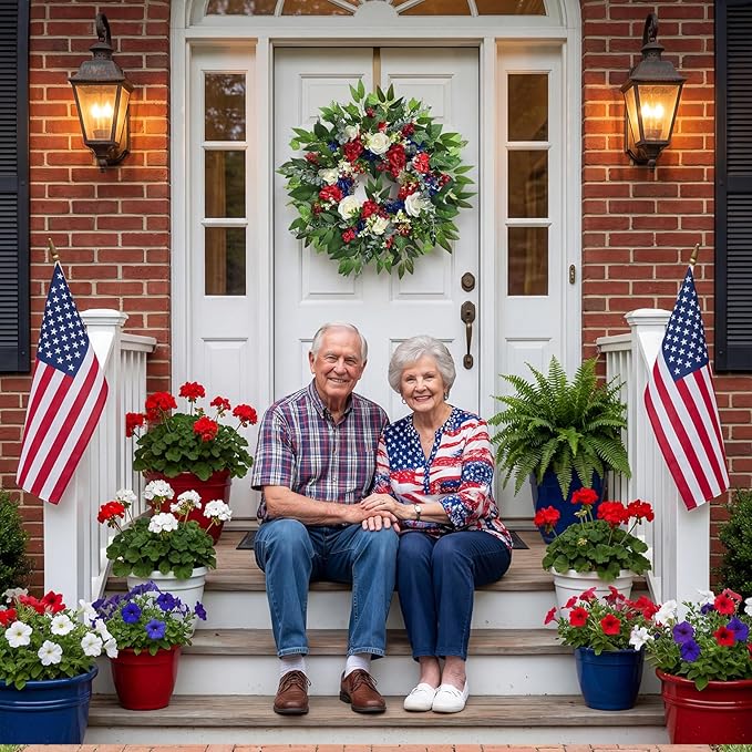 24 Inch 4th of July Wreath, Patriotic Wreaths for Front Door, Red White Blue Spring Summer Door Wreaths for Independence Day,Memorial Day Wreaths for Front Door Wall Window Decor