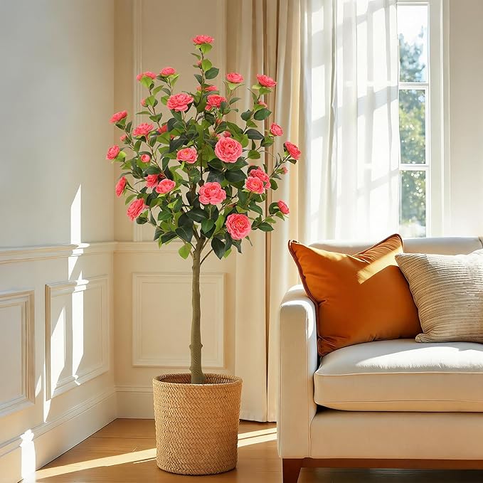 Bellacat 5ft Artificial Camellia Tree with Silk Pink Flowers, 60in Faux Camellia Plant with Lifelike Trunk, Fake Flower Tree Potted Front Door Plants for Porch Patio Deck Living Room Decor, 2Pack