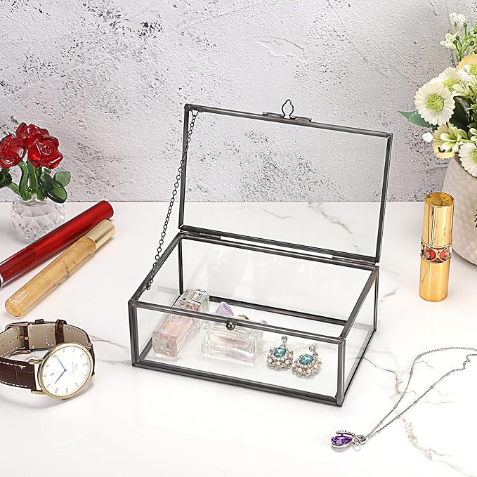 Hipiwe Vintage Glass Keepsake Box - Rectangle Jewelry Display Organizer with Lidded Box for Home Decor and Storage of Trinket Rings, Bracelet - Black, Small