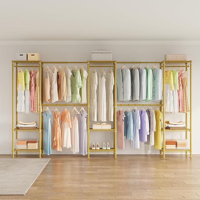 Large Clothes Rack, Clothing Rack for Hanging Clothes, Heavy Duty Garment Rack, Freestanding Wardrobe Closet with Extendable Hanger Rods, Width from 7.8 to 10.8 ft, H11 Gold