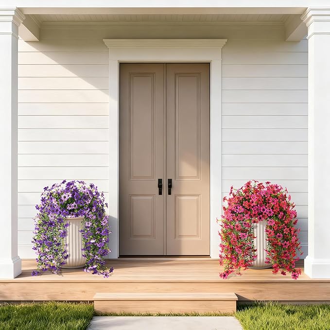 Artificial Hanging Flowers Plants for Outdoor Spring Summer Decoration, 2PCS Faux Silk Daisy UV Resistant Look Real for Outside Home Indoor Planter Porch Garden Yard Decor(Rose Red Fuchsia)