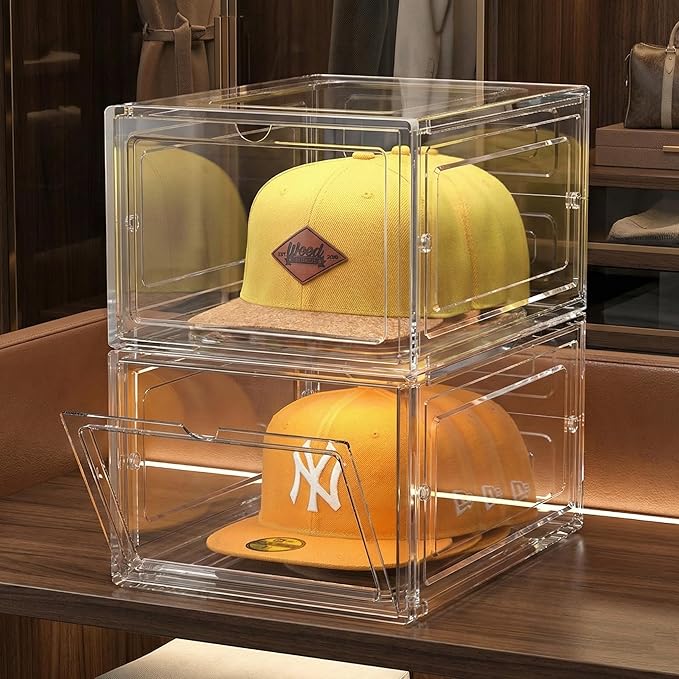 Hat Organizer Box, Stackable Clear Baseball Caps Holder Box Containers with Magnetic Door for Hats Snapback Cap Storag, Hat Rack Display Case, Holds 8 Hats Each (Clear, 2 Pack)
