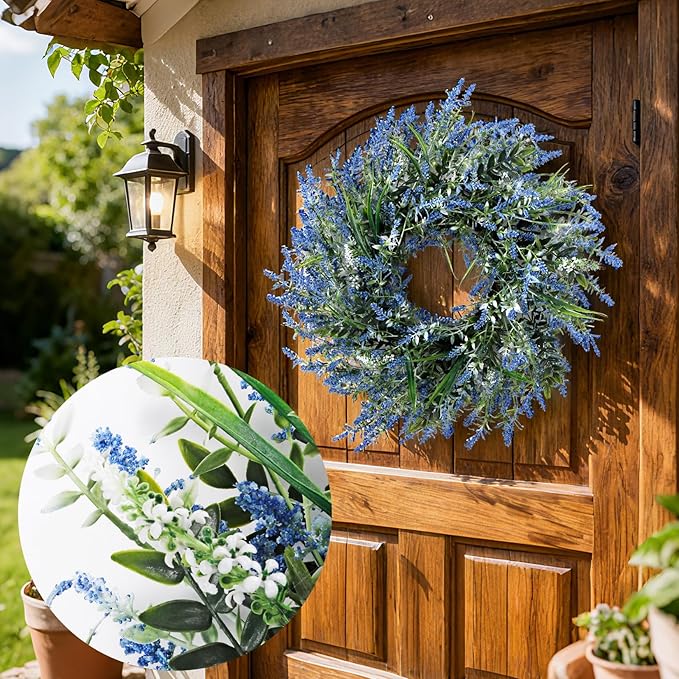 26'' Large Lavender & Eucalyptus Wreath for Front Door - Artificial Eucalyptus Leaves Greenery Outdoor Wreath for Wedding Farmhouse Porch Wall Room Home Decor (Blue)