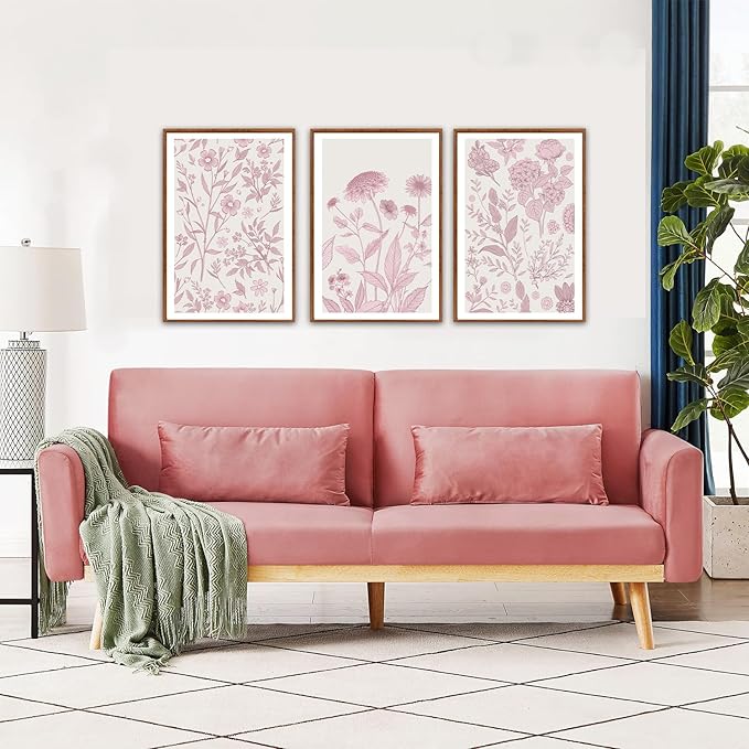 KAIRNE Floral Wall Art Set of 3,Framed Vintage Botanical Flower Canvas Prints,Pink and White Minimalist Wildflower Artwork,Modern Farmhouse Boho Decor for Living Room Bedroom Office Kitchen,16X24 inch