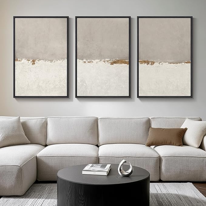 Large Framed Neutral Abstract Wall Art for Living Room, 3 Piece Modern Canvas Prints Paintings Artwork for Walls, Minimalist Beige Abstract Horizon Pictures for Hallway, Office Wall Decor 24x36 In