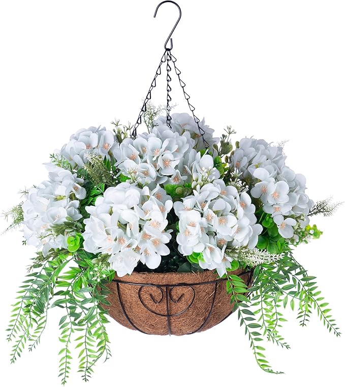 Artificial Flowers in Hanging Basket Planter for Home Spring Summer Decoration, Silk Hydrangea Outdoor Indoor Arrangements, 12" Metal Coconut Lining Basket with Faux Plant(Light Green)