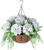Artificial Flowers in Hanging Basket Planter for Home Spring Summer Decoration, Silk Hydrangea Outdoor Indoor Arrangements, 12" Metal Coconut Lining Basket with Faux Plant(Light Green)