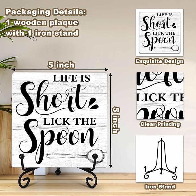 Kitchen Counter Decor, Kitchen Decor and Accessories, Life Is Short Sign, Fun Farmhouse Wooden Plaque with Iron Stand for Dinning Room Shelf Display-A08