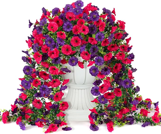 Fake Artificial Hanging Flowers for Outdoor, 2 PCS Silk Morning Glory Faux Flowers with Eucalyptus Leaves,Realistic Hanging Plants for Wedding Home Office Garden Decor