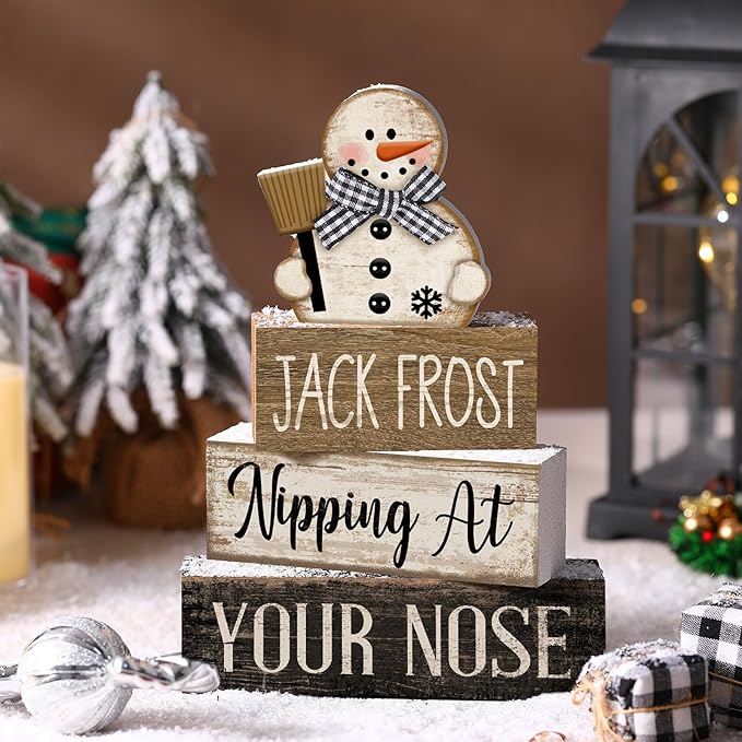 Moucuny 4 Pcs Winter Table Decor Wooden Snowman Black and White Winter Tiered Tray Decor Rustic Decorative Snowman Block Sign Gifts Christmas Centerpiece Rustic Christmas Decorations for Home Kitchen