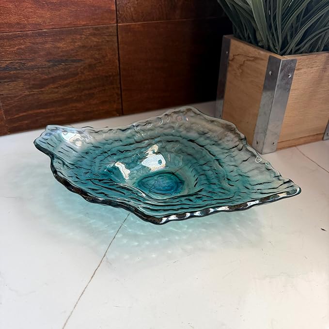 Things2Die4 Oyster Shaped Decorative Plate, 10 X 7.5 Inch Iridescent Sea Blue Glass Accent Dish for Coastal Table Decor, Freeform Wavy Shell Design for Entryway or Living Room