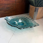 Things2Die4 Oyster Shaped Decorative Plate, 10 X 7.5 Inch Iridescent Sea Blue Glass Accent Dish for Coastal Table Decor, Freeform Wavy Shell Design for Entryway or Living Room