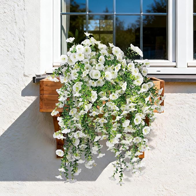 Artificial Hanging Flowers for Outdoors, 4 PCS UV Resistant Faux Plants Silk Realistic 150 Morning Glory Each Vines, Fake Plastic Floral for Garden Patio Spring Summer Decor, White