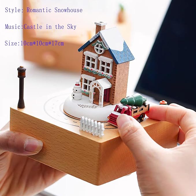 Natural Solid Wood Handcrafted Beech Wooden, Musical FigureTotoro/Carousel/Fairy/Ballerina Figurine,Rotating Hand Crank Mechanism Music Box,Musical Decorations (Romantic Snowhouse)