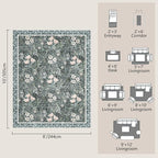 Washable 8x10 Area Rug - Light Green Vintage Floral with Ornate Border, Soft Low Pile Carpet for Living Room, Dining Room Under Table, Bedroom Non-Slip, Stain Resistant & Durable