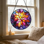 Stained Glass Window Hanging, Fuchsia Abstract Flowers Suncatcher for Window Home Decor Orange Sun Catcher Mother's Day Birthday Gifts for Women Men Mom Nana 6.3 in