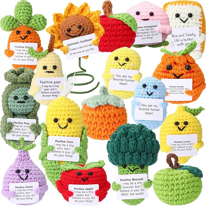VioraWhite 18 Pcs Crochet Dolls Bulk Positive Handmade Knitted Emotional Fruit Vegetable Dolls with Encouragement Cards for Employee Appreciation Gifts, Coworker Team Building Keepsakes