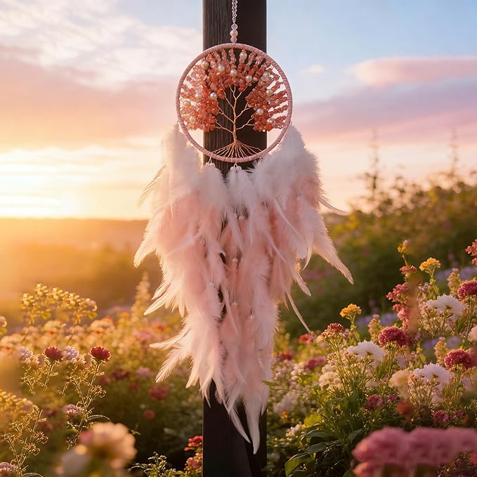 Dream Catchers, Pink Dream Catcher Tree of Life Wall Decor, with Natural Healing Crystal Stone, Perfect Rose Agate Handmade Dreamlike Dream Catcher for Girls Bedroom Decor Art Craft Gift