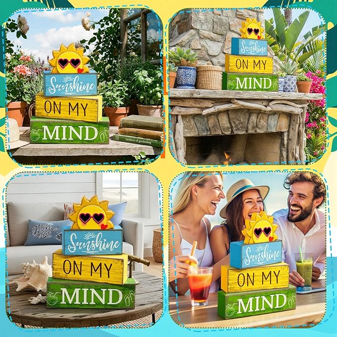 Lineshading 4 Pcs Summer Table Decor Wooden Sunshine Beach Tiered Tray Decor Rustic Farmhouse Sunshine Block Signs Gifts Summer Table Centerpieces for Home Kitchen Coffee Bar Shelf Office Decorations