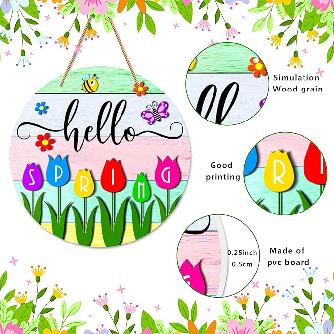 JUESMOS Hello Spring Door Decorations Colorful Tulip Flowers Spring Wreath Sign for Front Door Welcome Spring Door Sign Farmhouse Spring Decorations for Home Wreath Wall Porch Indoor Outdoor