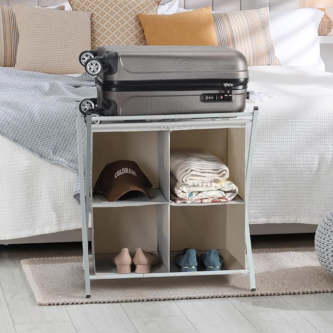 Luggage Rack for Guest Room, Suitcase Stand with 4 Fabric Storage Compartments and 4 Nylon Straps, Metal Folding Luggage Rack for Hotel, Bedroom, Living Room, Gray