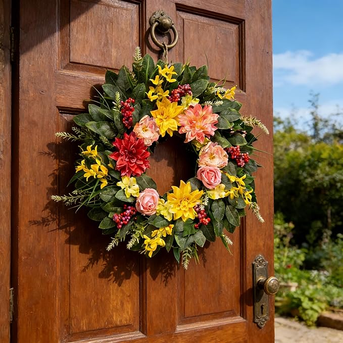 Spring Summer Eucalyptus Wreaths for Front Door Outside 24Inch Door Yellow Daisy Wreath with Sunflower Peony Dahlia Green Leaves for All Season Indoor Outdoor Home Farmhouse Porch Wall Window Decor