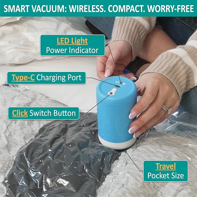 Cozy Essential Travel Vacuum Storage Bags with Rechargeable Cordless Electric Pump, Space Saver Bags for Luggage, Suitcase, Carry-On, for Clothes, Blankets, Comforters, Pillows, 30 Combo