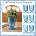 6 Pcs (H:7" W:4") Embossed Flower Vase Pedestal Glass Vase Big Base Thickened Crystal Vintage Vases for Valentines Day Wedding Home Decor Table Centerpiece House Warming Gifts(Blue)