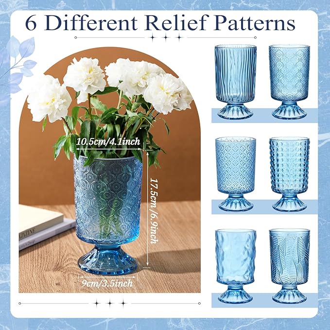 6 Pcs (H:7" W:4") Embossed Flower Vase Pedestal Glass Vase Big Base Thickened Crystal Vintage Vases for Valentines Day Wedding Home Decor Table Centerpiece House Warming Gifts(Blue)
