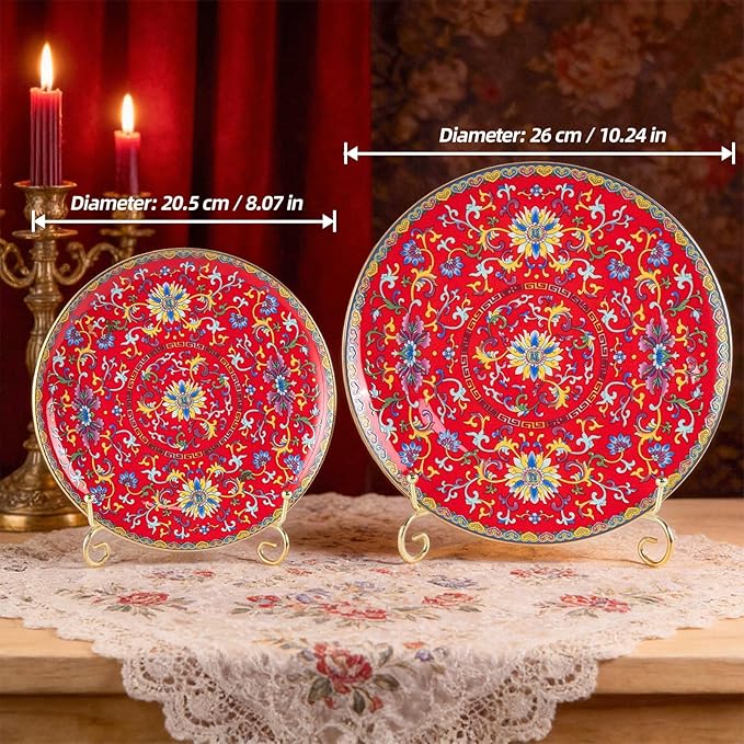 KAMMAK Decorative Plates Set for Display, Red Ceramic Plate Decor with Stand, Handmade Vintage Porcelain Ornament for Table, Living Room, Kitchen, Office, Perfect Chinese Style Dish Gift (8in+10in)