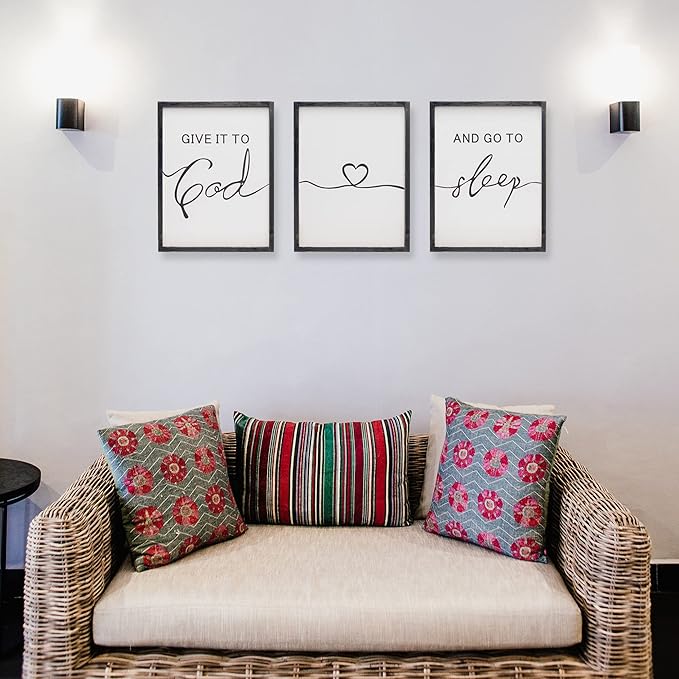 Set of 3 Framed Farmhouse Give it to God and Go to Sleep Signs 11x14” Above Bed Wall Decors for Bedroom Wood Signs (11x14 inches, Black)